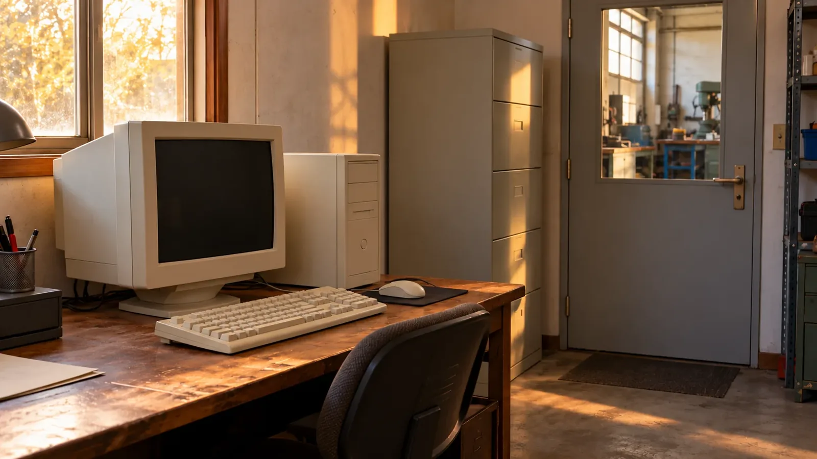 Ordinateur ancien et meuble de dossiers fermé dans un bureau de PME.