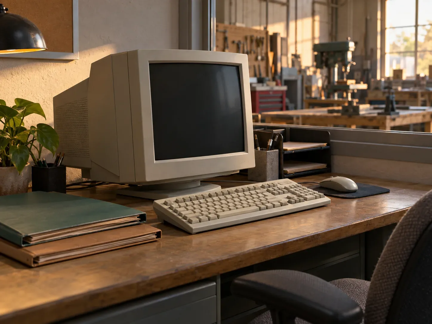 Poste informatique ancien dans un bureau de PME ouvert sur un atelier.