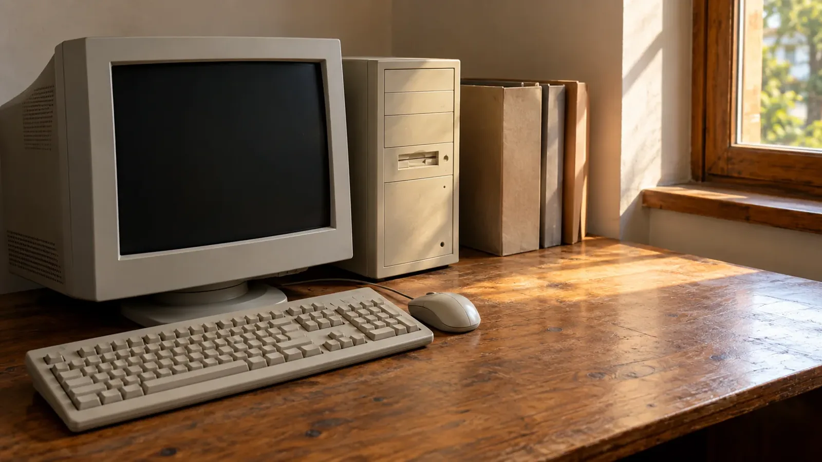 Poste informatique et dossiers de travail sur un bureau de PME.